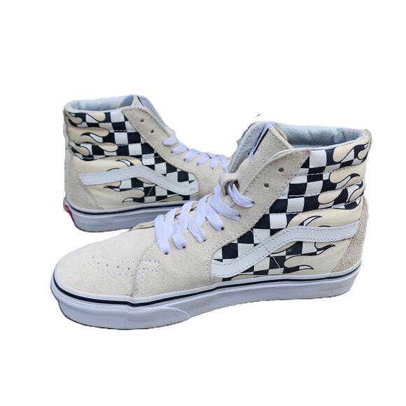 Vans Sk8-Hi Checker Flame Sneakers Off White Black High Top Classic Skate Shoes - Picture 9 of 10